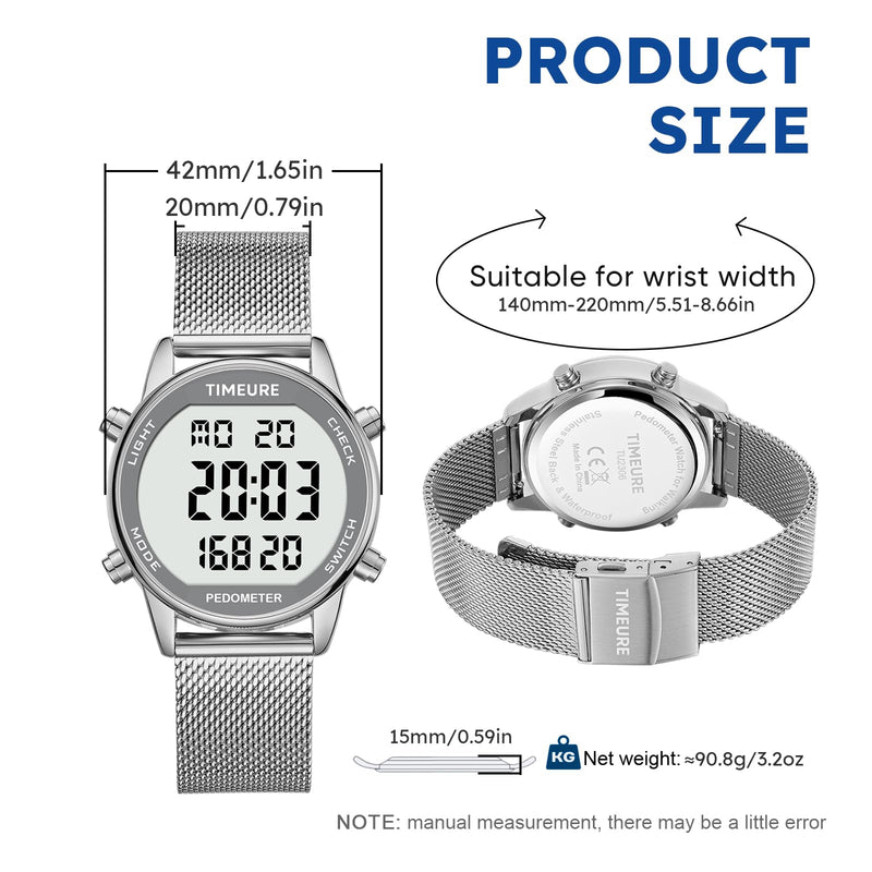 Men's Pedometer Watch with Stainless Steel Bracelet,Step Counter Watch No App, No Charging Needed for Ourdoor Walking, Calorie, Distance, Alarm, Countdown Timer Watch TU-2306B TIMEURE BLACK - BeesActive Australia