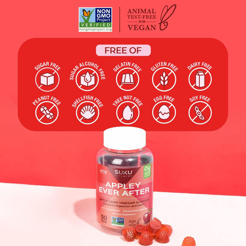 SUKU Appley Ever After Gummies – Apple Cider Vinegar with Methylated B12 & Folate – Sugar-Free, Gluten-Free, Vegan Detox & Energy Support – Amazing Apple Flavor – 50 Count