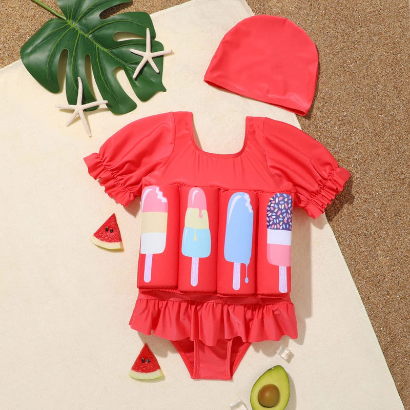 Kids Baby Girls Float Suit Ice Cream Floatation Swimsuit with Adjustable Buoyancy Bathing Swimwear Toddler One Piece Swimming Suit Summer Swim Vest Jacket Ruffle Tutu Swim Dress Red Ice Cream 2-3T - BeesActive Australia