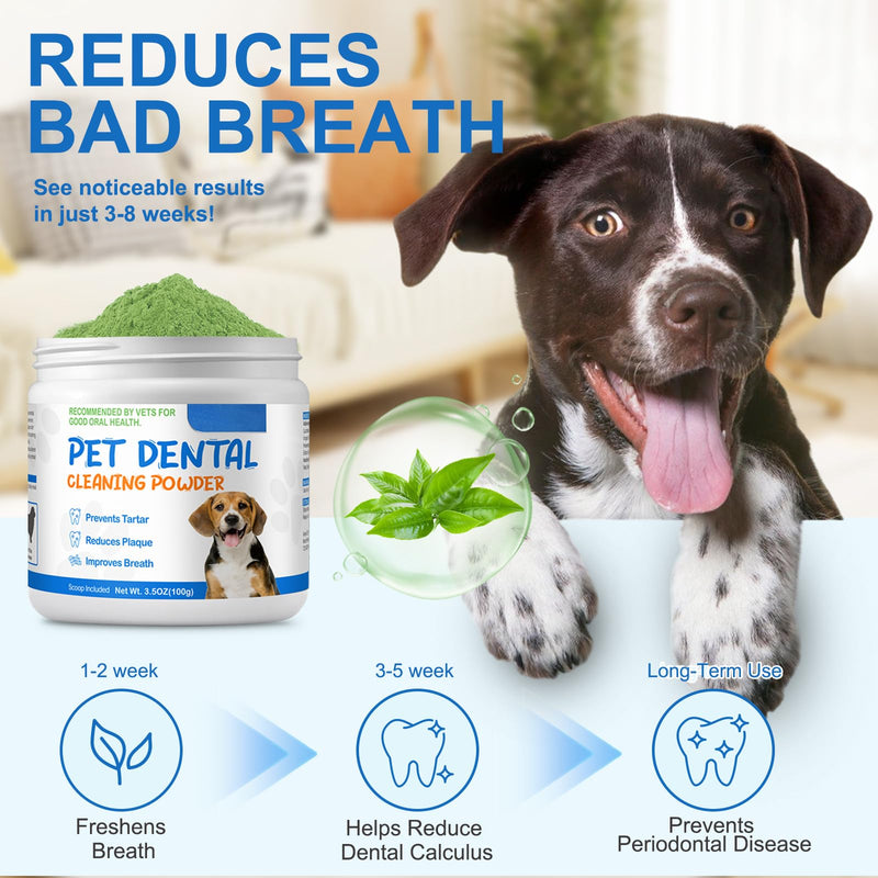 Dog Dental Powder for Teeth Cleaning - Targets Tartar & Reduces Plaque & Bad Breath, with Probiotics & Green Tea, Dental Freshener for Dog's Oral Health