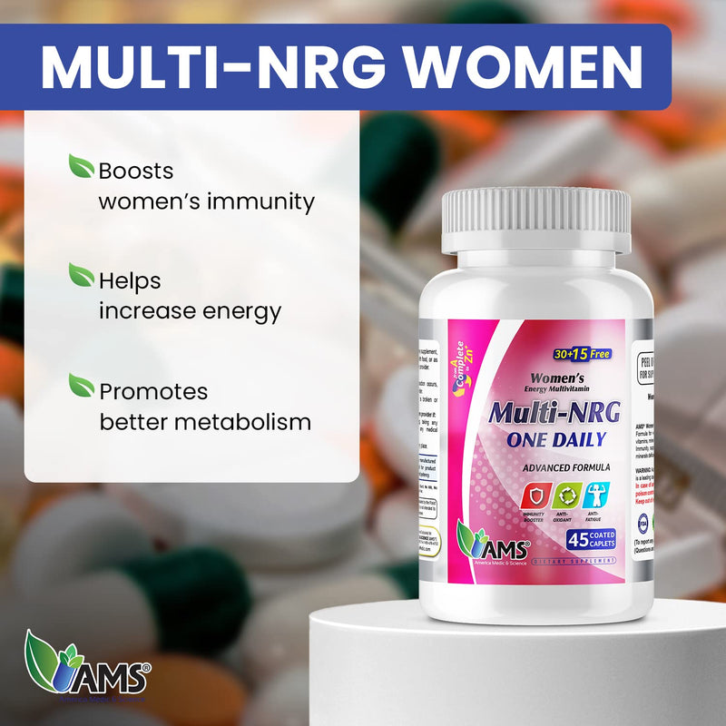 America Medic & Science Multivitamins for Women, Multi-NRG, 45 Coated Caplets, One Daily, Immune Support Supplements, Vitamin C & B Complex, Vital Micro-Nutrients & Natural Herbal Ingredients. 45 Count (Pack of 1)