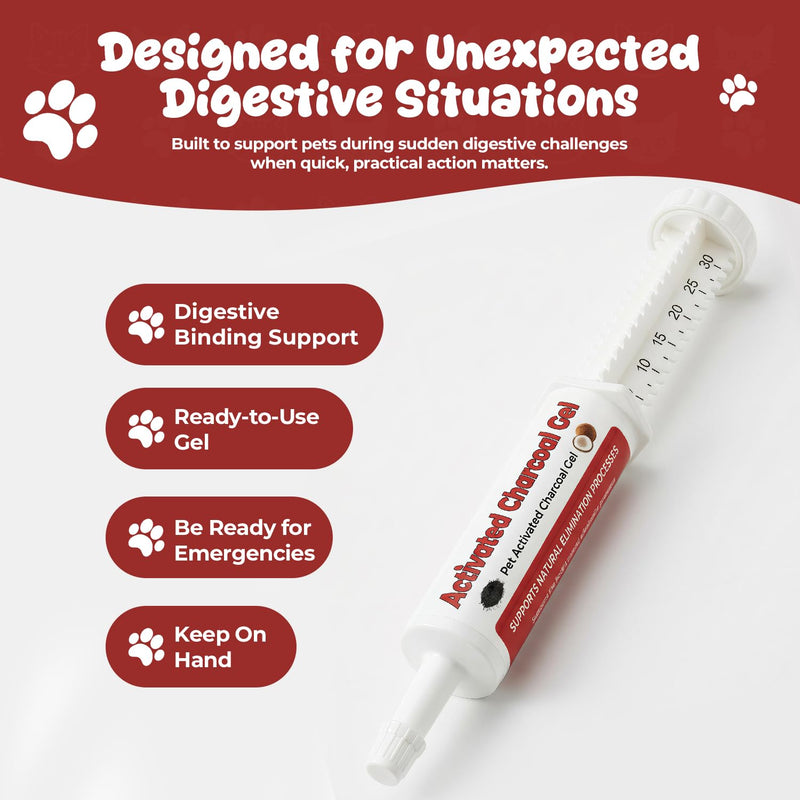 Activated Charcoal Paste for Dogs & Cats, Emergency First Aid Gel for Accidental Ingestion, Diarrhea, Gas Relief & Digestive Upset, Ready-to-Use, Pet First Response Essential, 30 mL