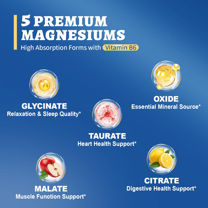 5 in 1 Magnesium Complex Supplement w/Vitamin B6 Higher Absorption | Glycinate Magnesium 300mg - for Sleep, Nerves & Heart Health, Bones, Muscle, Recovery, Energy | Vegan Non-GMO, 120 Capsules 120 Count (Pack of 1)