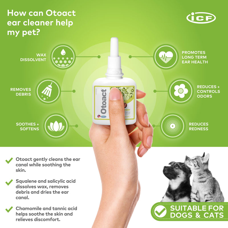 ICF | Otoact Ear Cleaner for Dogs and Cats | Gentle Ear Cleaning Solution | Helps Remove Wax & Odor | 100ml Dropper Bottle Single