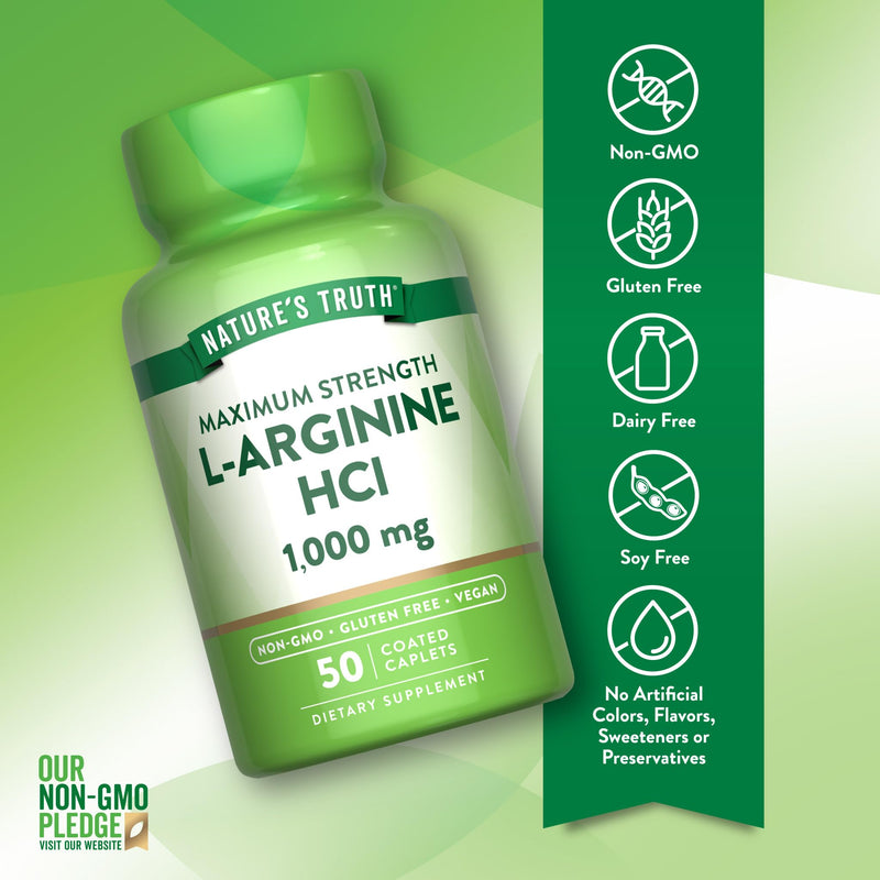 Nature's Truth L-Arginine HCL 1000mg | 50 Caplets | Essential Amino Acid Supplement | Vegan, Non-GMO & Gluten Free Supplement