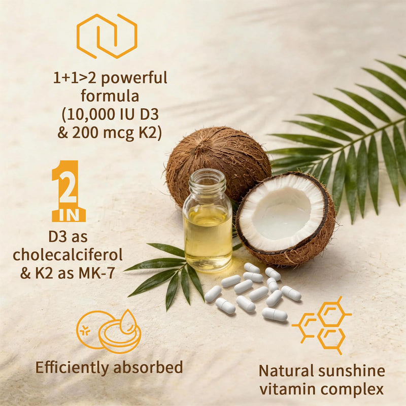 2-in-1 Vitamin D3 K2 Supplement Capsules, Vitamin D3 10000 IU and Vitamin K2 200 mcg, K2 MK7 with D3 Vitamin Supplement Support Immune, Heart, Teeth Health 300 Count (Pack of 1) 10,000 IU D3 & 200MCG K2 Capsules