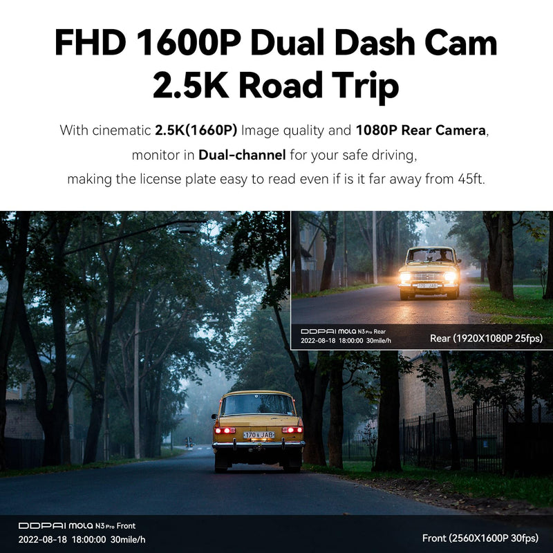 DDPAI 2.5K Dual Car Dash Cam Front and Rear 1600P+1080P Built-in WiFi GPS G-Sensor with Smart APP Control Night Vision, Wide Dynamic Range, 24 Hours Parking Monitor, Support 512GB TF Cards, N3 PRO - BeesActive Australia