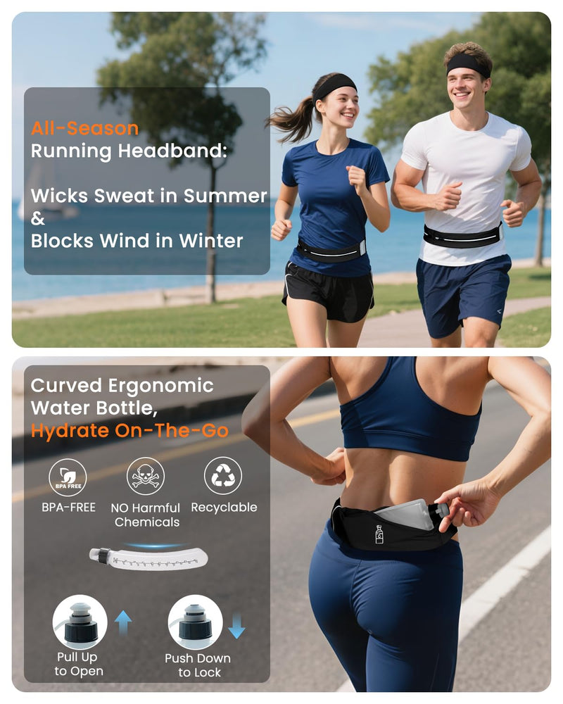 Running Belt with Water Bottle & Headband, No-Bounce Hydration Belt Adjustable Reflective Waterproof Fanny Pack for Women & Men, Fits All Phones (M-Black) Medium Black
