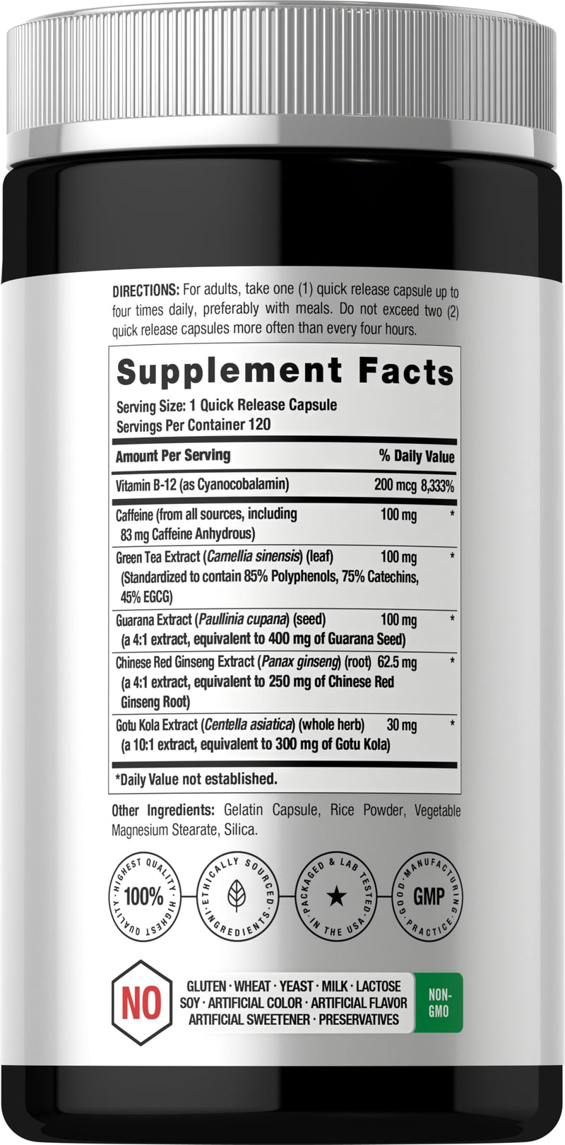 Horbäach Energy Supplement | 120 Capsules | with Caffeine, Ginseng & Vitamin B12 | Daily Energy Booster Pills | Non-GMO, Gluten Free