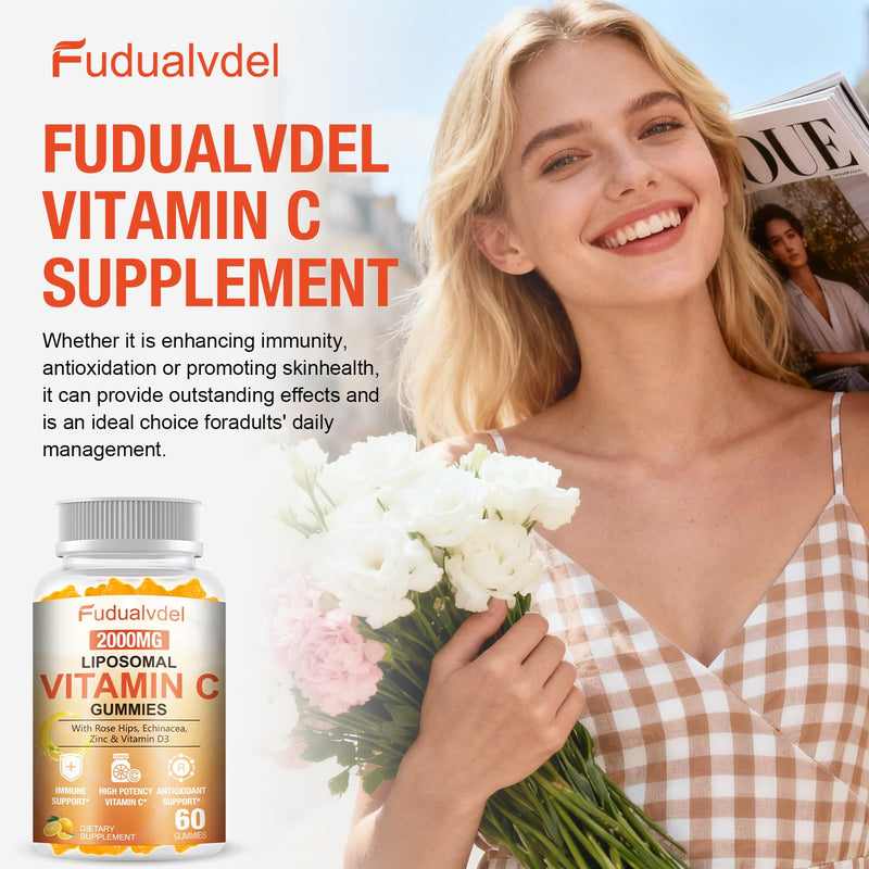 2 Pack 2000mg Liposomal Vitamin C Gummies for Adults & Kids Immune Support, Antioxidant & Collagen Booster Complex with Rose HIPS, 5000IU D3 ,Elderberry, Echinacea, Iron & Zinc, Orange Flavor, 120 Cts 60 Count (Pack of 2)
