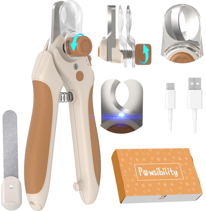 Pawsibility Pet Nail Clipper PRO 2026 - Quick-Vision LED Light | 2-Stage Adjustable Professional-Grade Blade | Adjustable Magnifier Safety Guard - for Cats, Small, Medium and Large Dogs - Brown Medium&Large *Brown - BeesActive Australia
