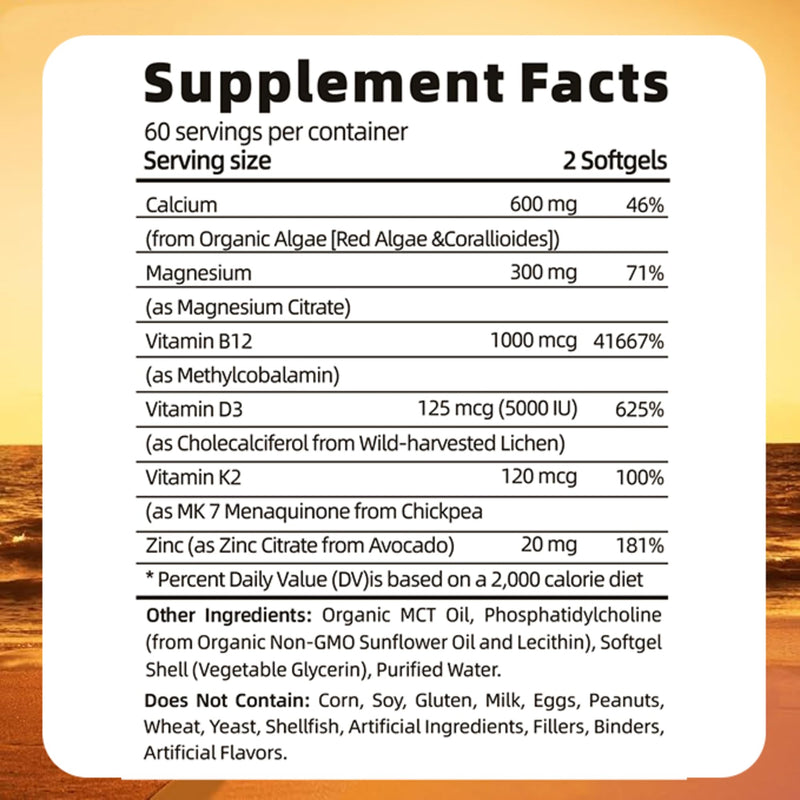Vitamin D3 K2 B12 with Calcium Magnesium Zinc, 5000 IU, 120 Softgels | 6-in-1 bone & muscle support, High Potency D3 5000 IU, K2 MK7 for calcium absorption, Mobility & Energy, non-GMO, plant-based