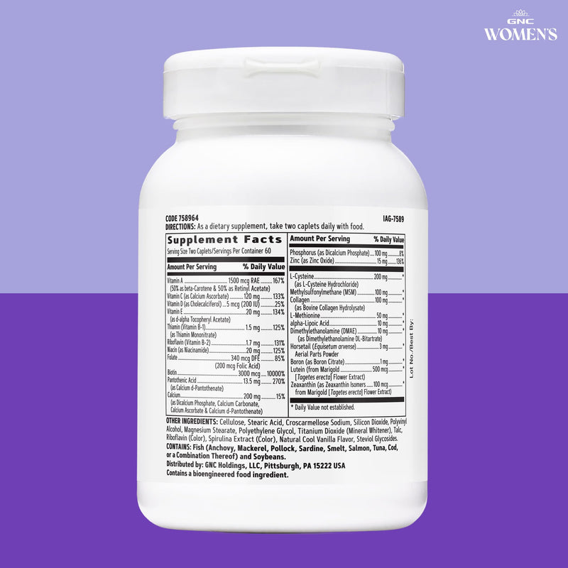 GNC Women's Hair, Skin & Nails, Nutrient Rich, 120 Count, 60 Servings | Vitamin A Supports Skin Cell Renewal, Vitamin C Aids Collagen Synthesis, Biotin Supports Hair and Nail Strength, Gluten-Free