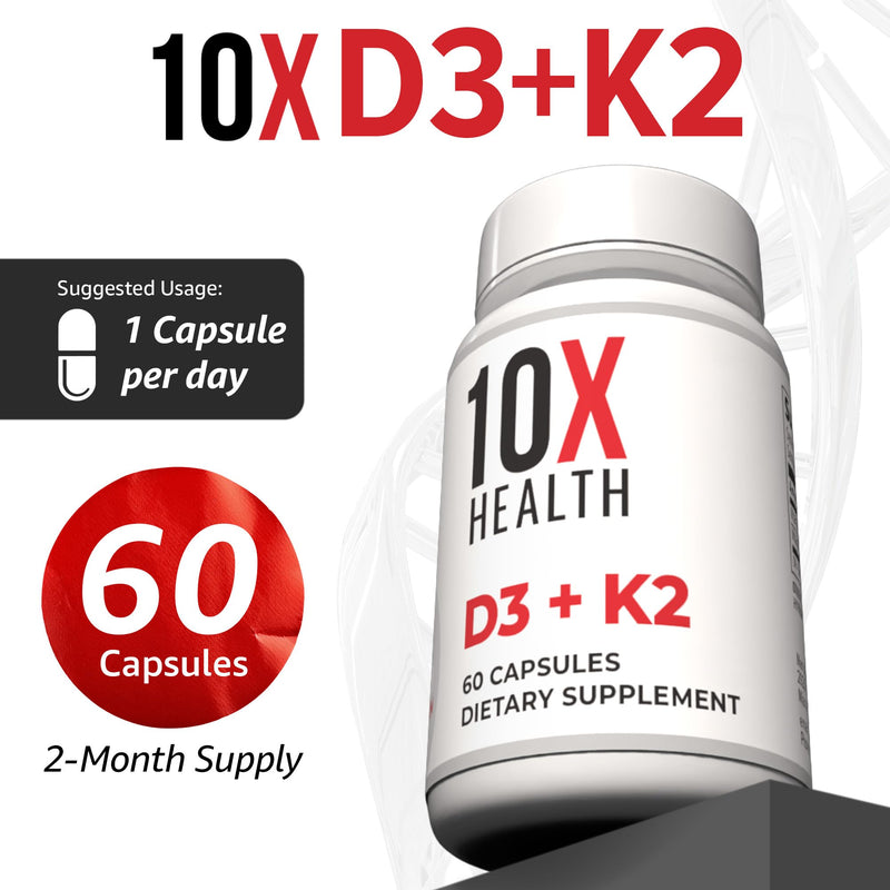 10X Health Vitamin D3 K2-60 Capsules | Vitamin K2 Mk7: 5000 IU Vitamin D3, Bone, Heart & Teeth Support, 60 Capsules 60 Count (Pack of 1)