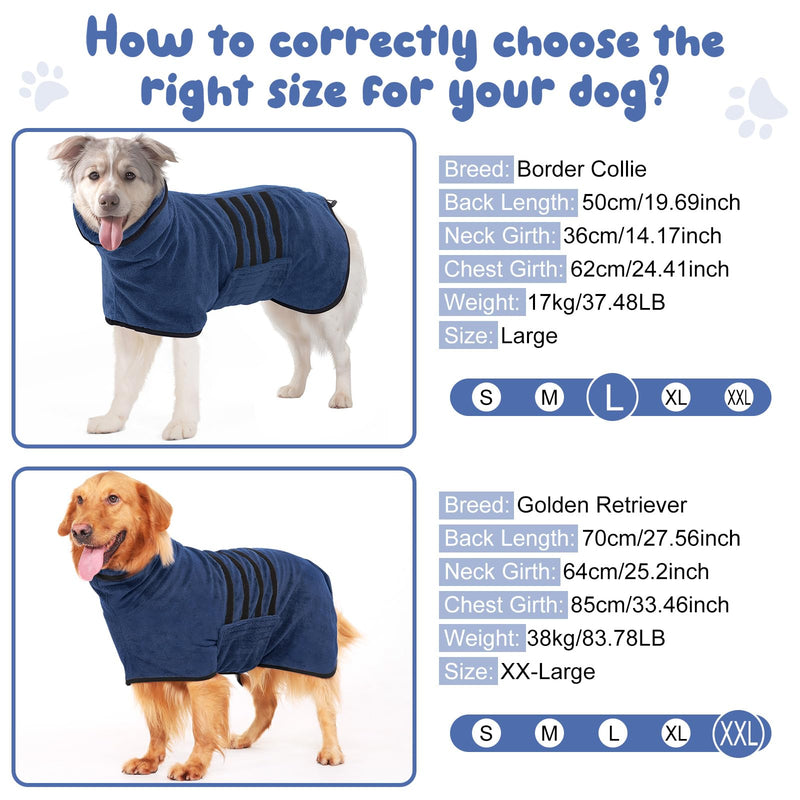 HezzLuv Bathrobe for Dogs, Microfiber Dog Bathrobe for Medium and Large Dogs, Absorbent Dog Towel, Quick Drying, Dog Drying Robe with Velcro Fastener (Dark Blue XL) Blue (Black Side) - BeesActive Australia