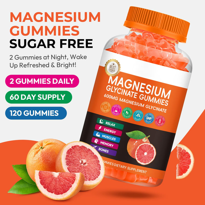 Magnesium Glycinate Gummies, High Absorption Magnesium Complex, Grapefruit | Magnesium Glycinate Gummies with Calcium, Vitamin B6 & D3. Sugar Free Chews, 120 Count, Supports Relaxation & Nighttime 120 Count (Pack of 1)