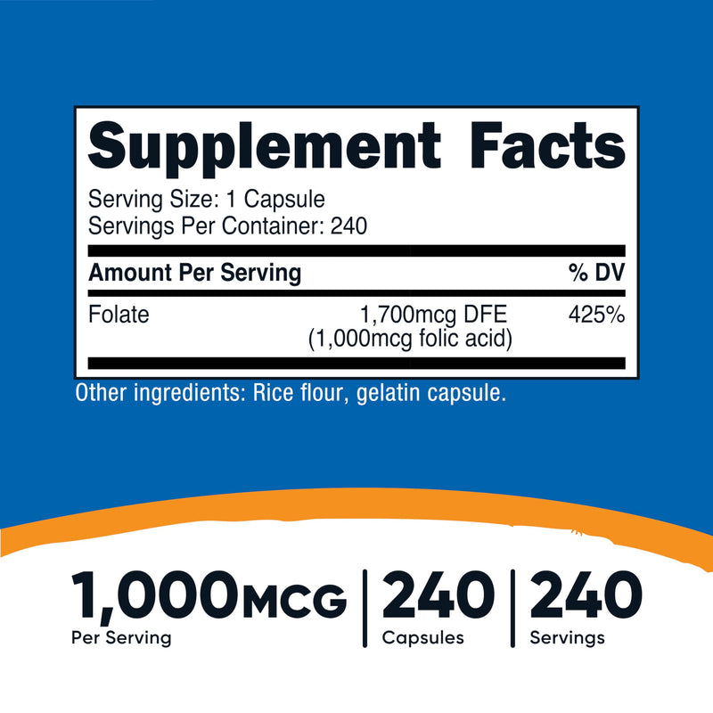 Nutricost Folic Acid (Vitamin B9) 1000 mcg, 240 Capsules (Pack of 2) 240 Count (Pack of 2)