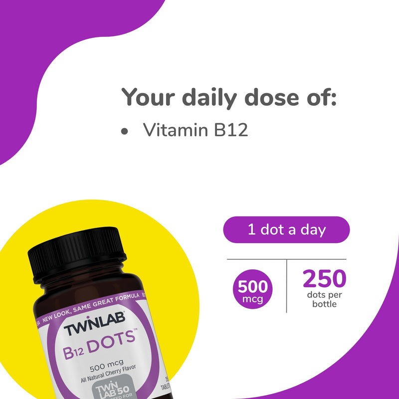 Twinlab B-12 Dots - Energy Production Support Supplements with Vitamin B12-500 mcg, 250 Tablets (2 Pack) 250 Count (Pack of 2)