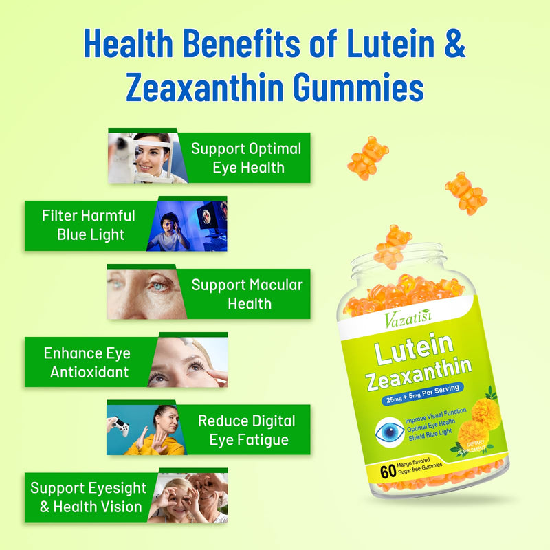 Eye Vitamins Lutein & Zeaxanthin Gummies, Sugar Free Eye Health Supplements with Bilberry, Astaxanthin - Support Blue Light, Visual Function and Macular Health - Mango Flavored, 120 Count 60 Count (Pack of 2)