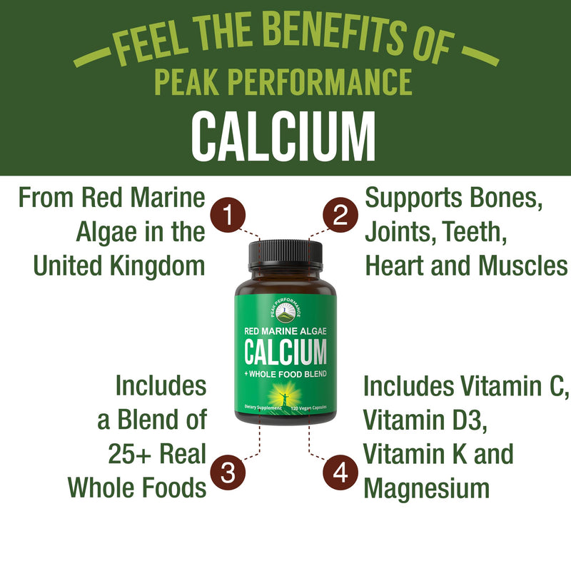 Peak Performance Plant Based Calcium. Red Marine Algae Calcium Supplement | With Vitamin C, D3, K, Magnesium, and a Whole Food Vegetable Blend. Vegan Capsules for Bones and Joints. 120 Pills