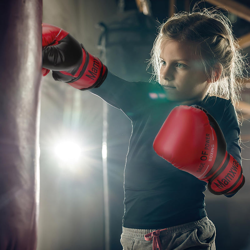 3-in-1 Boxing Gloves and Punching Mitts Set for Kids, Sports Boxing Gloves Boxing Pads with Hand Wraps, Kids Boxing Equipment Set for MMA, Karate, Muay Thai, Taekwondo Red 6oz