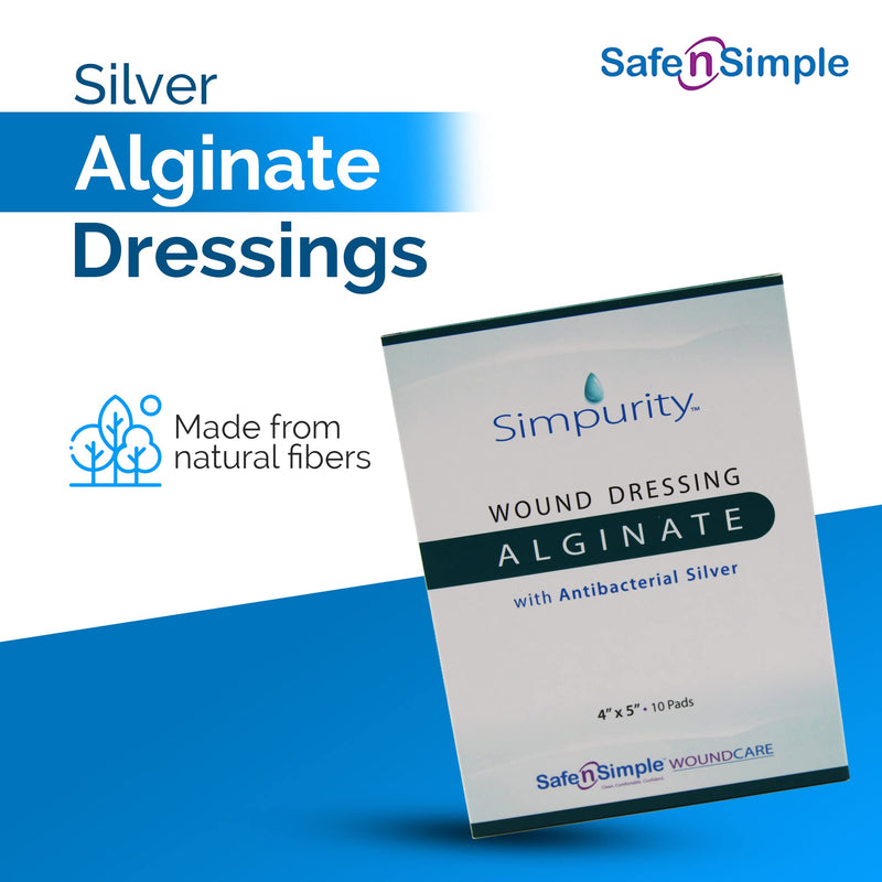 Silver Calcium Alginate Wound Dressing - Simpurity - 4"x 4" Individual Thick Pads - Dressing for Wound Care - Non-Stick Sterile Calcium Alginate Pads with Silver - Safe n' Simple Wound Care Products 4" x 4" - 10 Pads
