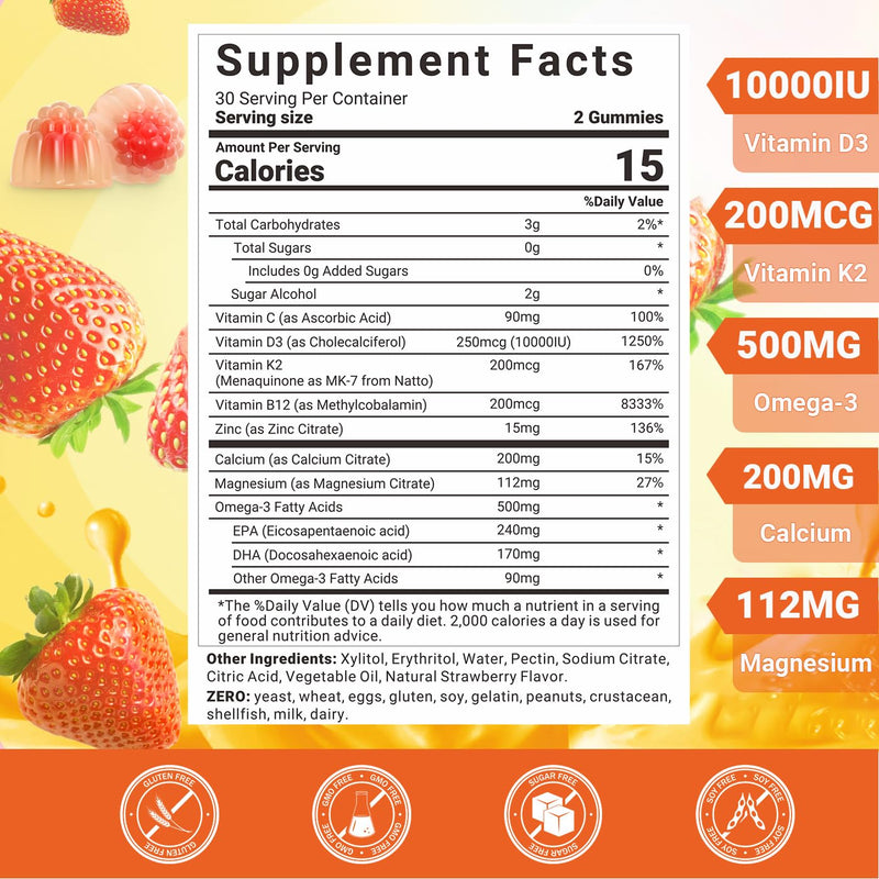 Wiszeen Vitamin D3 K2 Gummies, Vitamin D3 10000 IU & K2 (MK-7) 200 mcg | D3 K2 Supplement with Omega 3, Calcium, Magnesium for Bone Muscle Teeth Immune 60 Count (Pack of 2)