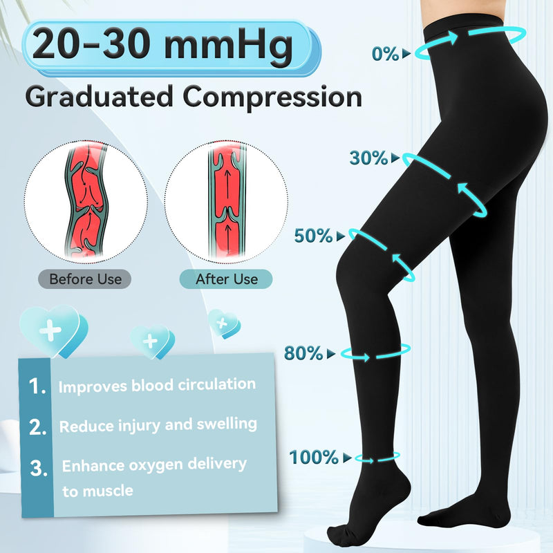 KTINNEAD 20-30mm HG Compression Pantyhose,Closed Toe Compression Leggings X-Large Black