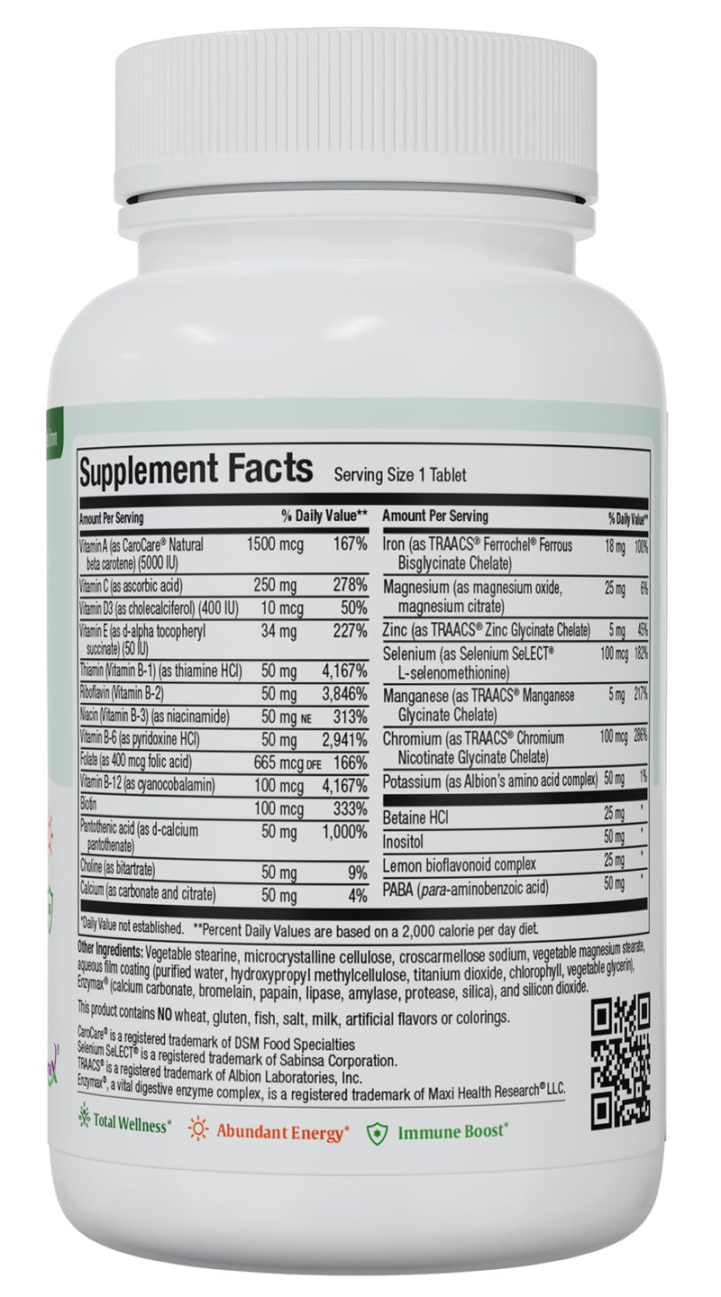 Maxi Health Multivitamin with Iron – Men & Womens Daily Multivitamins for Energy, Immune System, & Overall Wellness – Multi Vitamin with Vitamins A, B, C, D3, E, Zinc, & More – Kosher 90 Tablets