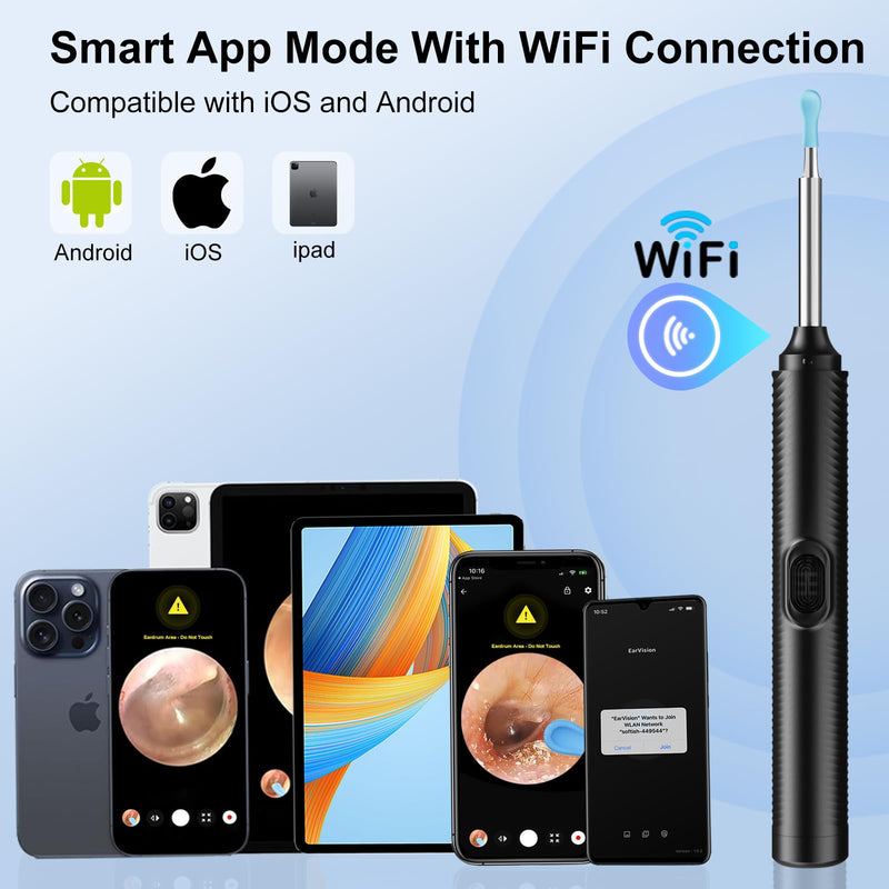 AI Eardrum Alert, AI Ear Wax Removal Kit, 1080P HD Camera with 6-Axis Gyroscope, Waterproof Lens, 230mAh Battery, Earwax Removal Tool with 8 Pcs Ear Set, Otoscope Camera for iOS & Android (Black) - BeesActive Australia