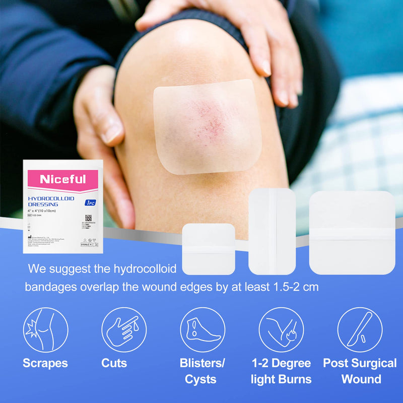 Niceful 15 Count Hydrocolloid Bandages 4x4 in, Hydrocolloid Wound Dressing Healing Bandages for Wounds, Waterproof Wound Dressing Large 4" x 4" (15 Dressings)