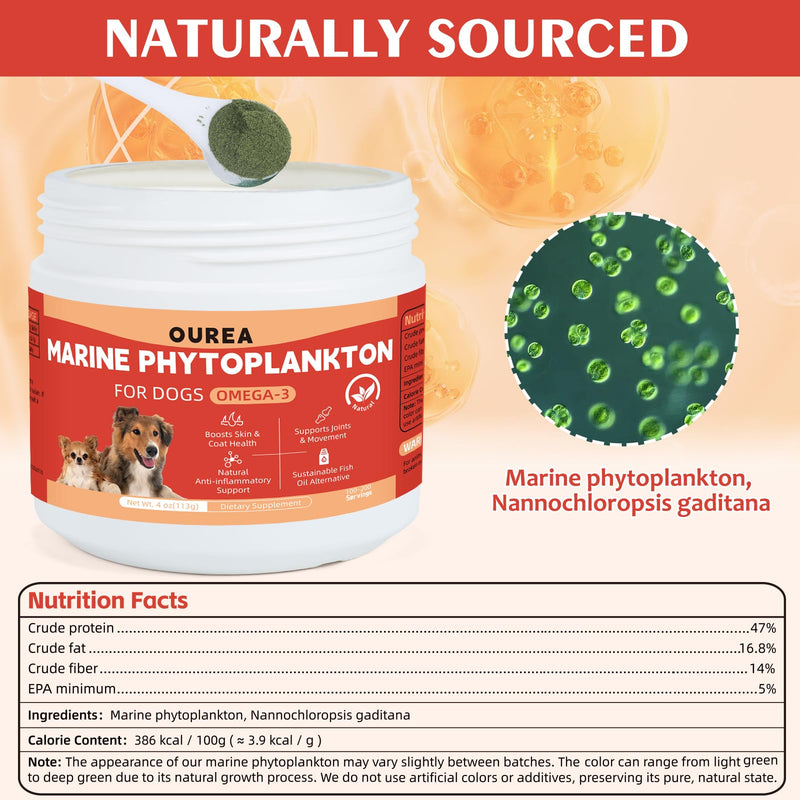 Phytoplankton for Dogs – 100% Pure Nannochloropsis Powder, Natural Omega-3 EPA Skin & Coat Support, Immune & Joint Wellness, Pure Microalgae, Easy-Mix Superfood Supplement for All Breeds(4 oz / 113 g)