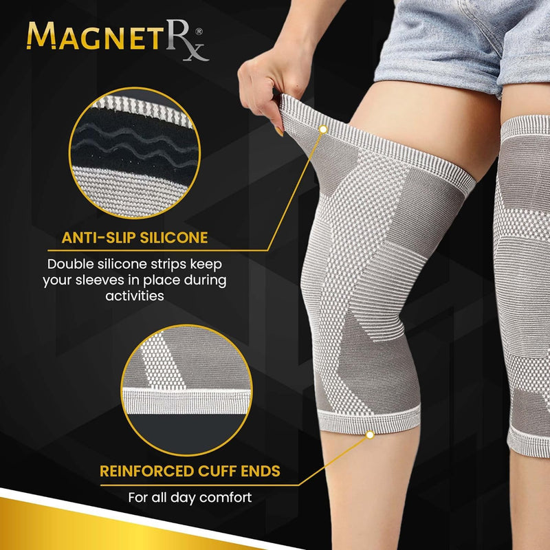 MagnetRX® Magnetic Knee Sleeve – (2-Pack) Effective Compression Knee Brace with Magnets for Knee Comfort & Recovery – Magnetic Knee Brace Support (Large) Large (Pack of 2) Grey - BeesActive Australia