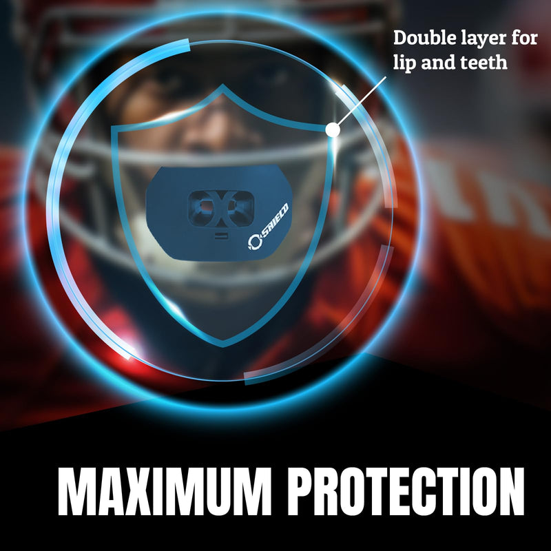 O Shield Mouth Guard for Football with Dual-Layer Protection, Built-in Air Channels, Extended Lip Shield, Soft Material, Adult and Youth Sizes with Strap/Case, Navy Blue - BeesActive Australia