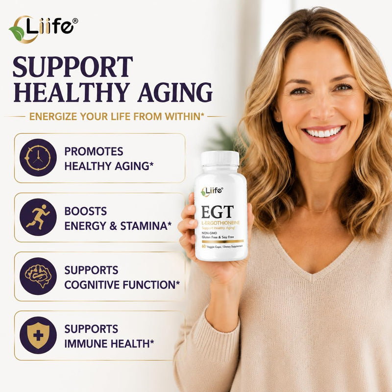LIIFE L-Ergothioneine (EGT) 30mg Compound Antioxidant | 60 Vegan Capsules | Powerful compound antioxidant, supports healthy aging & longevity, promotes skin health. Non-GMO, Gluten Free, vegan friendly