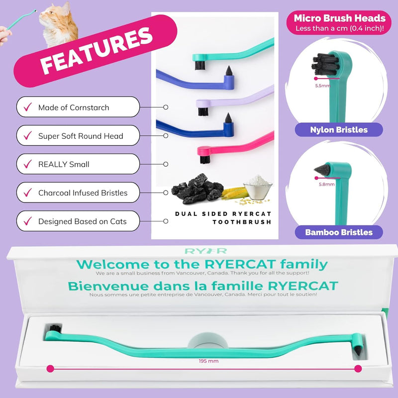 RYERCAT Set of 2 Dual Sided Cat Toothbrush - Kitten Toothbrush with Micro Head to fit into Cat/Kittens Mouth - Cat Dental Care Supplies - Pet Toothbrush for Cats(Lavender Purple & Ocean Blue) Lavender Purple and Ocean Blue - PawsPlanet Australia