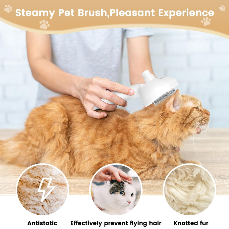 Cat Steam Brush, 3 In 1 Steamy Pet Brush with Release Button and Tank, Anti-Static Cat Steamy Brush for Effective Hair Removal, Rechargeable Steam Cat Brush for Furry Pet White - BeesActive Australia