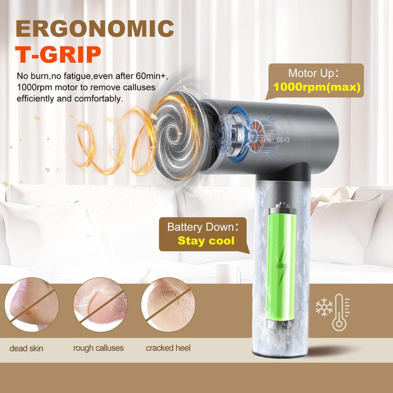 Premium Electric Foot Callus Remover, Ergonomic T-Grip 2600mAh Rechargeable 3-Speeds All Metal Foot File for Dead Skin Cracked Heels Pedicure kit at Home with 60pcs Sandpaper Pads Grey