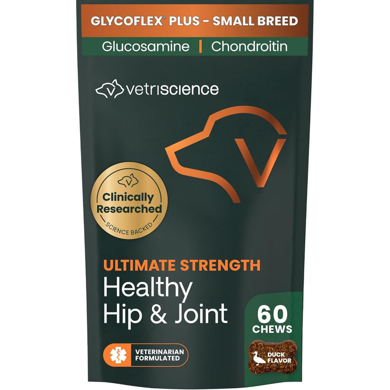 VetriScience Ultimate Strength Healthy Hip & Joint Chews, GlycoFlex Glucosamine, Chondroitin and Green-Lipped Mussel Joint Supplement for Small Breed Dogs, Soothe Joint Discomfort, Duck, 60 Count Small Breed - Ultimate Strength