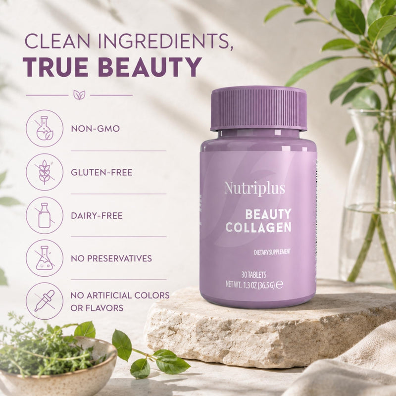 FARMASi Nutriplus Beauty Collagen Tablets, Non GMO, Gluten Free,1.3oz | Type I and Type III Hydrolyzed Collagen with Vitamin C, 2000 mg Collagen Per Serving, Unflavored, Daily Use, 30 Tablets