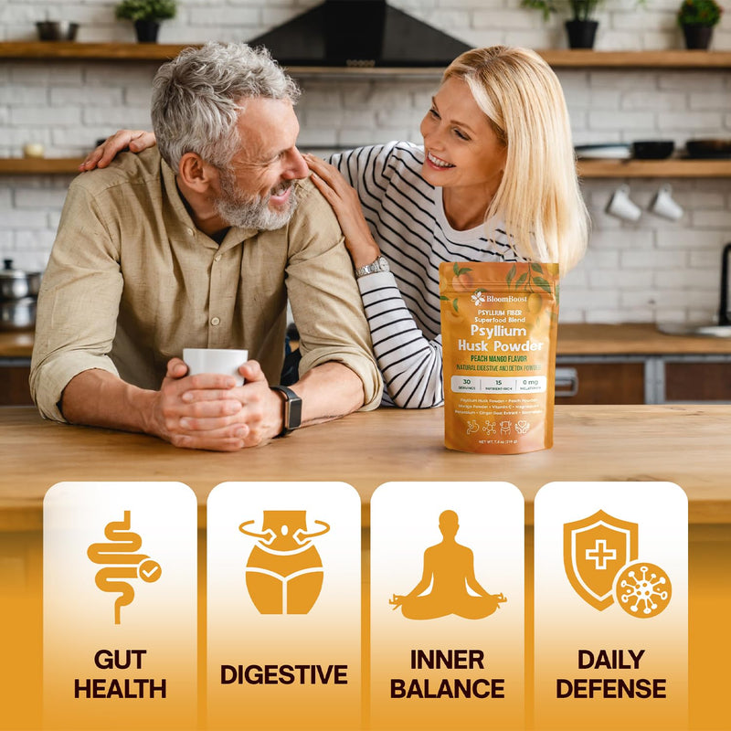 Psyllium Husk Powder Tropical Flavored Digestive Support 7.4 Oz | 5000mg fiber blend with Vitamin C, D3, Iron, Magnesium & Bromelain. Vegan, sugar-free, gluten-free.