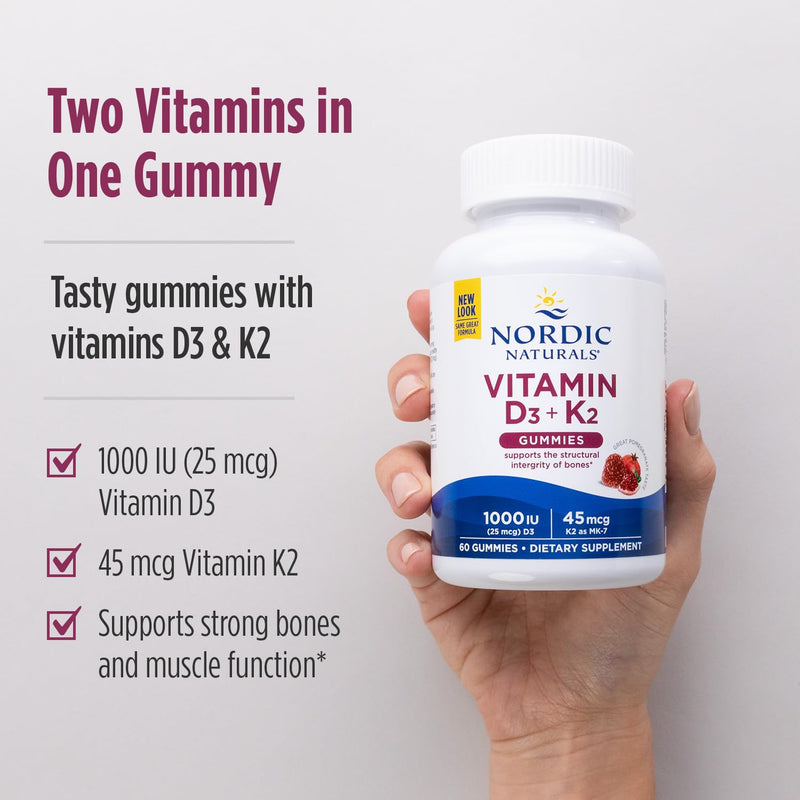 Nordic Naturals Vitamin D3 + K2 Gummies, Pomegranate - 60 Gummies - 1000 IU Vitamin D3 + 45 mcg K2 - Great Taste - Bone Health, Promotes Healthy Muscle Function - Non-GMO - 60 Servings 60 Count (Pack of 1) - BeesActive Australia