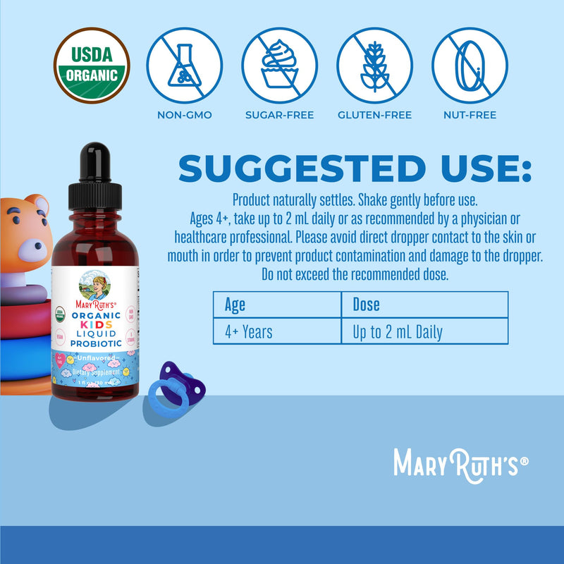 MARYRUTH'S Kids Probiotic Liquid Drops, Ages 4+, Gut Health, Immunity, 1 Oz | USDA Organic, Digestive Health, Ages 4+ Gut Health & Immune Support, Vegan, Non-GMO, 1 Fl Oz