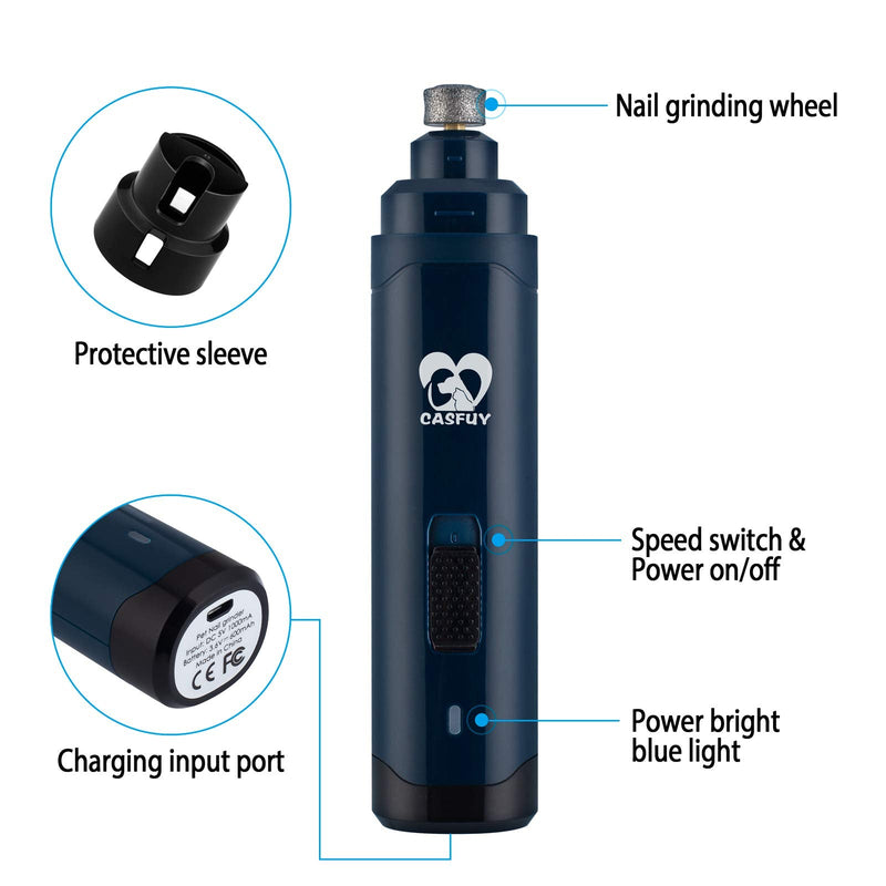 Casfuy Dog Nail Grinder Upgraded - Professional 2-Speed Electric Rechargeable Pet Nail Trimmer Painless Paws Grooming & Smoothing for Small Medium Large Dogs & Cats (Dark Blue) B-dark Blue