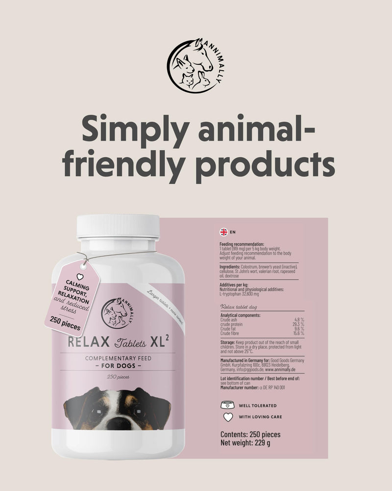 Annimally Relax Tablets for Dogs XL 250 pcs. Daily Supplement | Dog tablets with St John’s wort, valerian root, L-tryptophan & vitamins, made in Germany, for large dogs, made in Germany 250 XL-Tablets for Large Dogs