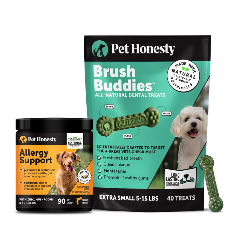Pet Honesty Dog Wellness Virtual Bundle – Allergy Relief Immunity Chews (Salmon, 90 Ct) + Brush Buddies Dental Sticks for Extra Small Dogs (40 Ct) – Itch Support, Plaque & Breath Care