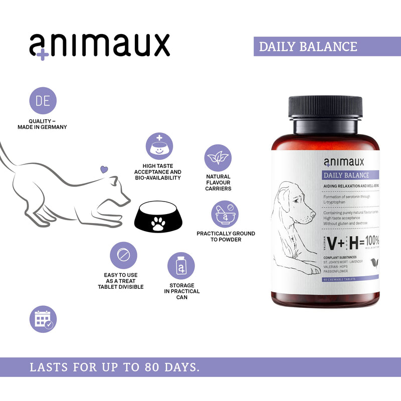 animaux Daily Balance – 40 chewable tablets – Herbal calming treats for dogs with anxiety, stress & nervousness, with Valerian, St. John's Wort & Lavender