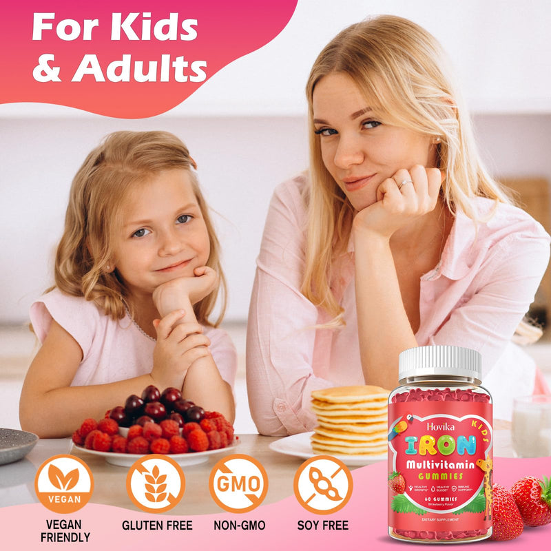 Iron Supplement Gummies for Kids with Multivitamin, Calcium, Zinc, Folate - Kids Iron Gummies Support Immune, Blood Builder, Iron Deficiency, Anemia & Energy - Vegan, Strawberry 60 Count 60 Count (Pack of 1)