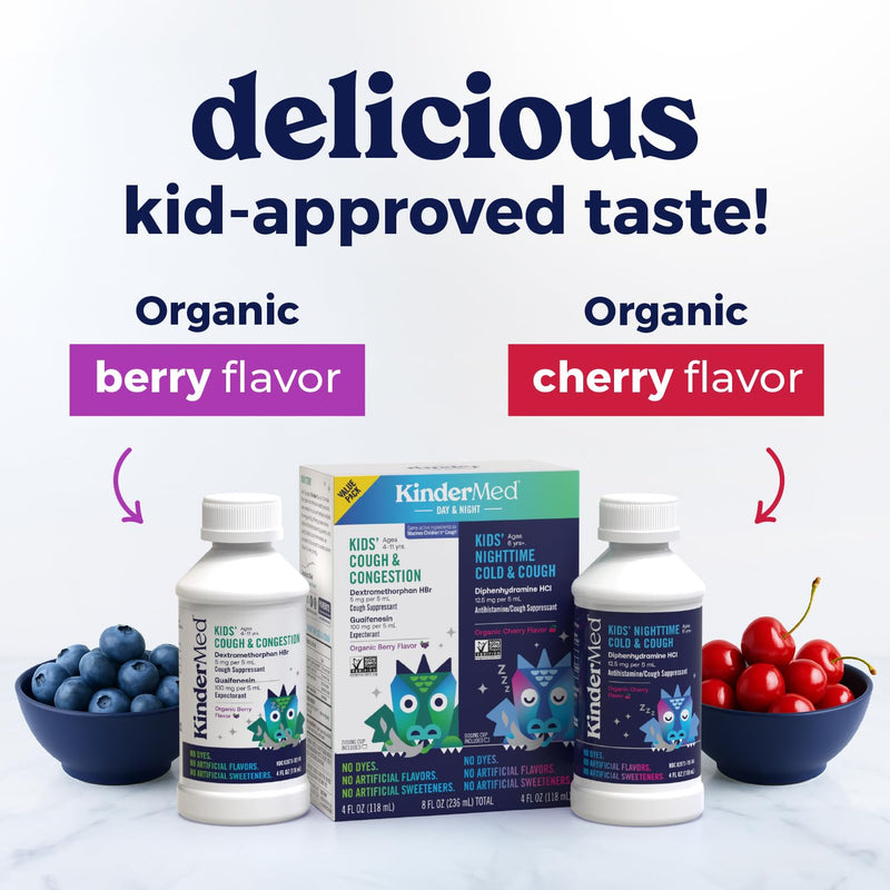 KinderMed Kids' Cough Day & Night Value Pack - Cough & Congestion Relief and Nighttime Cold Relief - No Artificial Flavors or Sweeteners - No Dyes (Organic Berry Flavor, 4 Fl Oz) Berry, Cherry