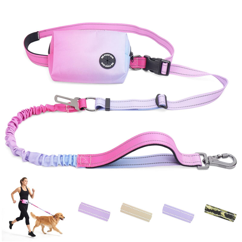 Hands Free Dual Handle Retractable Bungee Leash with Reflective Trim, Adjustable Waist Belt for Dog Walking, Running, Hiking - Durable Nylon Leash for Medium Large Dogs, Pink